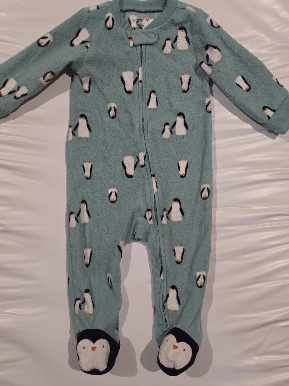 3/$10 Carter's Teal Penguin Fleece Footed One-Piece Size 9m